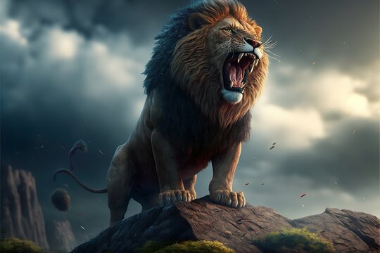 Wild lion roar on top of the hill