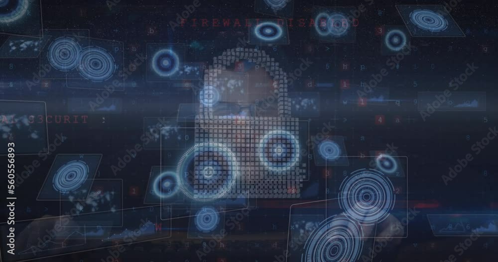 Poster animation of scope scanning with icons and data processing over caucasian hacker in server room