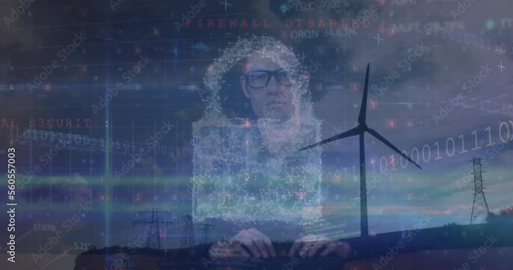 Poster animation of icons and data processing over caucasian hacker and wind turbine