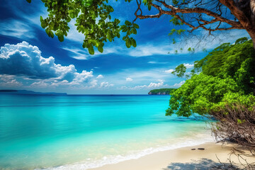 Tropical nature seaside. beautiful beach and azure ocean. Background of a blue sky. From Thailand south Thailand's Phuket. Beachfront area. Generative AI