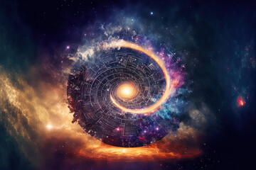 Science and research of the universe, spiral galaxy and physical formulas, concept of knowledge and education.