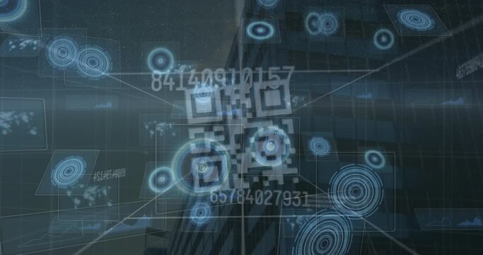 Animation of scope scanning with qr code and data processing over cityscape - Powered by Adobe