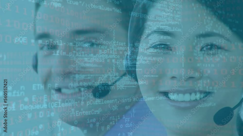 Poster Animation of data processing over diverse people using phone headsets working in call center