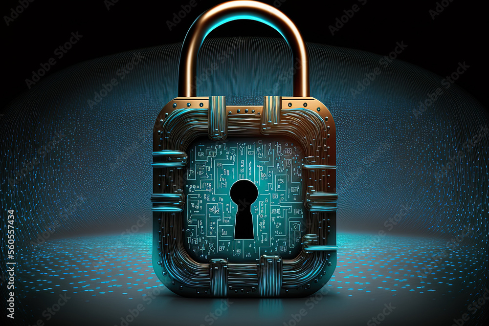 Poster closed padlock with a digital background as a safety concept. generative ai