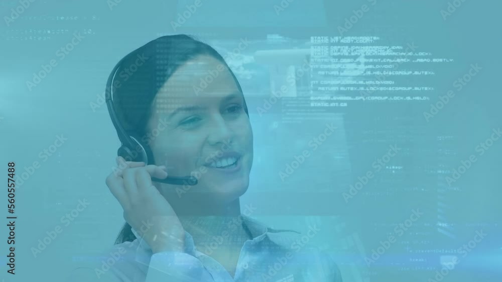 Poster Animation of data processing over caucasian woman using phone headset working in call center
