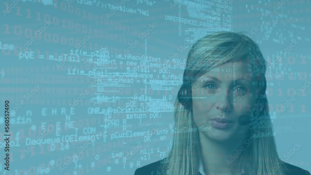 Poster animation of data processing over caucasian woman using phone headset working in call center