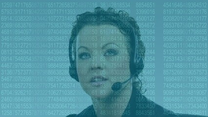 Animation of data processing over caucasian woman using phone headset working in call center - Powered by Adobe