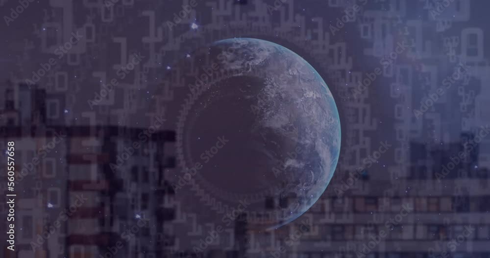 Aufkleber animation of globe and data processing over cityscape