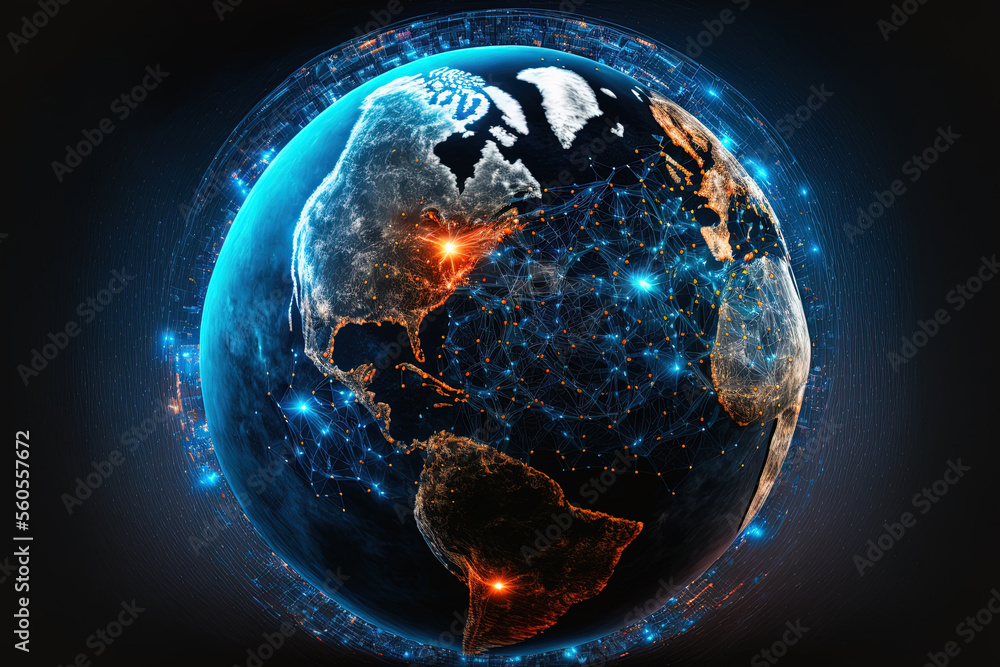 Poster planet earth in space, secure data network technology, cyberattack defense for global connections, f