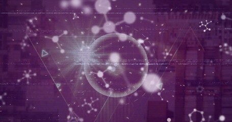 Animation of globe and molecules over cityscape - Powered by Adobe
