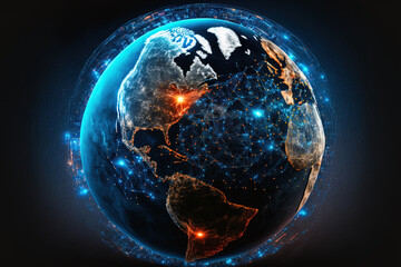 Planet Earth in space, secure data network technology, cyberattack defense for global connections, financial services, the Internet of Things, and cryptocurrency. Generative AI