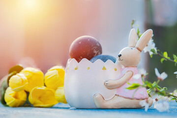 Happy easter. Easter blue eggs and Yellow tulips on blue wooden background with flowering branch