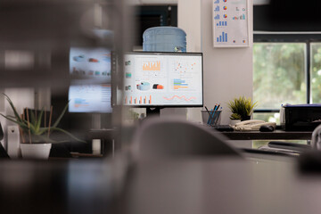 Empty startup office with desktop computer showing corporate software management with growth graphs and statistics on the screen on the desktop. Workplace with no people working in it.