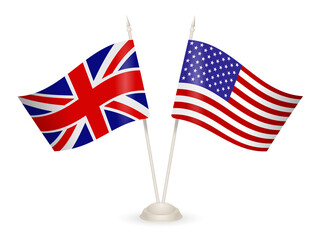 Fototapeta premium Table stand with flags of England and USA. Symbolizing the cooperation between the two countries.
