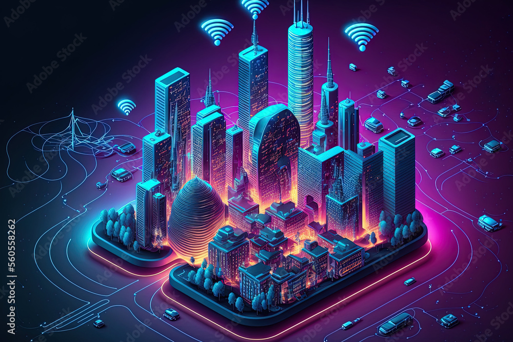 Poster smart city network idea, 5g wireless connection, and smart connection network system. generative ai