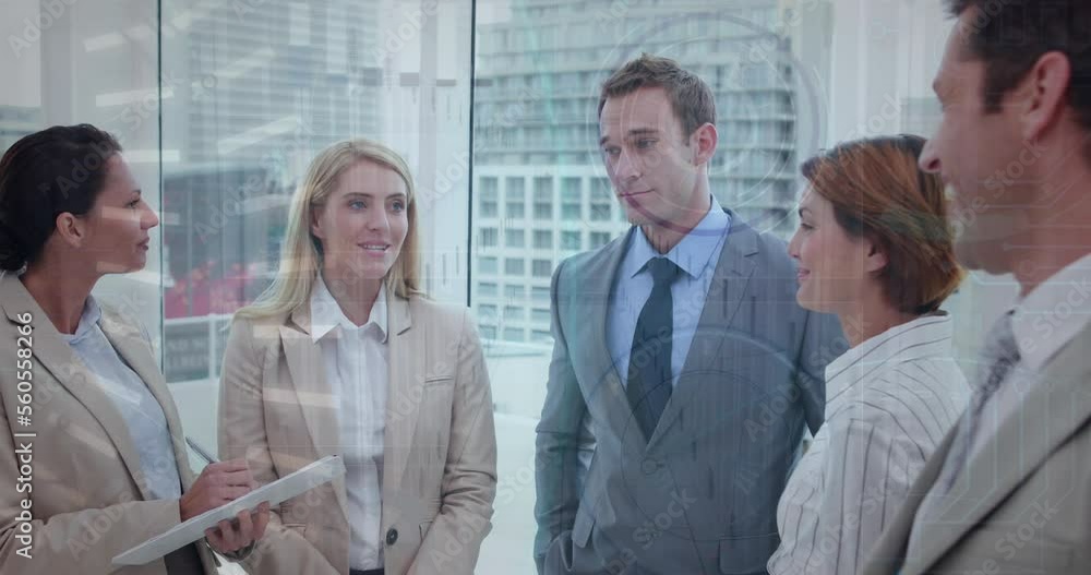 Poster animation of data processing over diverse business people