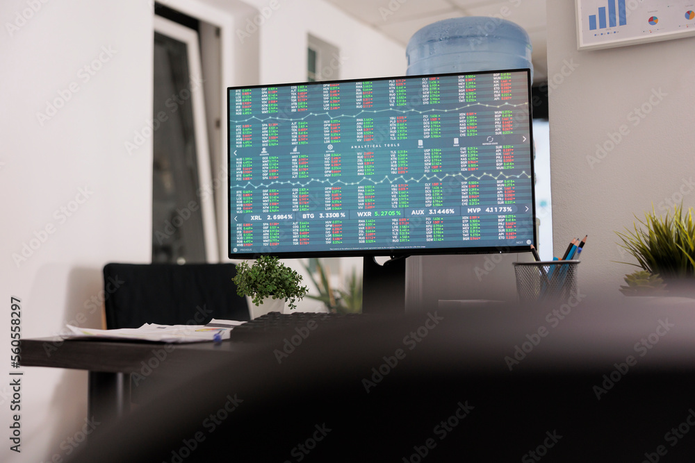 Poster empty workplace with the investment application displays forex buy and sell chart on the desktop scr