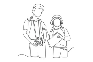 Continuous one line drawing boy and girl hiking in the woods. Hangouts With Friends concept. Single line draw design vector graphic illustration.