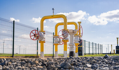 Natural gas, earth gas transmission line, valves and yellow gas transport pipes