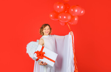 Valentines day cupid. Angel woman with heart shape balloons and gift box. Love.