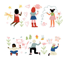 View from behind of boys and girls painting drawings on wall set cartoon vector illustration