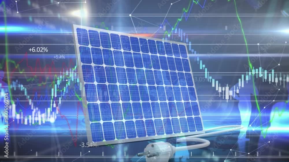 Poster animation of statistics and financial data processing over solar panels
