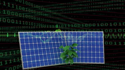 Animation of binary coding and financial data processing over solar panels - Powered by Adobe
