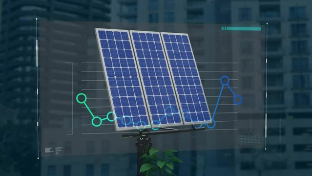 Animation of statistics and financial data processing over solar panels - Powered by Adobe