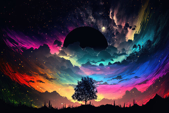 gorgeous graphic art image of a fancy colored sky at night. Generative AI