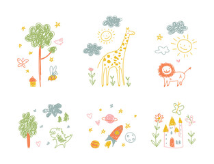 Kids drawings set. Bright colorful children drawing style vector illustration