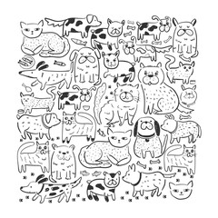 Square art print with doodle cats and dogs