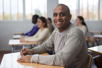 Portrait of positive adult latin american student sitting on lesson in classroom, looking at camera...