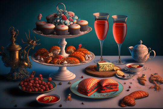 Thanksgiving and Christmas afternoon tea with crayfish cocktails, salmon bilinis, mince pies, cupcakes, and macaroons. Generative AI