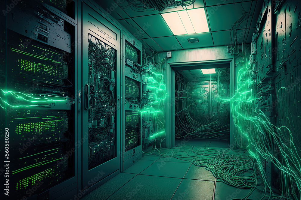 Aufkleber internet and communication network server room. generative ai
