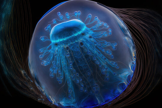 Porpita porpita or Blue Button Jellyfish, macro photography. Generative AI
