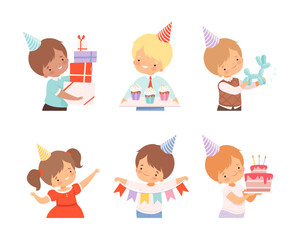 Cute kids in party hats celebrating Birthday set. Boys and girls holding gift boxes, cake and cupcakes cartoon vector illustration