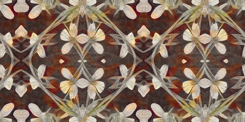 Retro kaleidoscope floral seamless border. Vintage geo gender neutral fashion ribbon for botanical cottagecore banner. Trendy watercolor for splotched flower texture. 