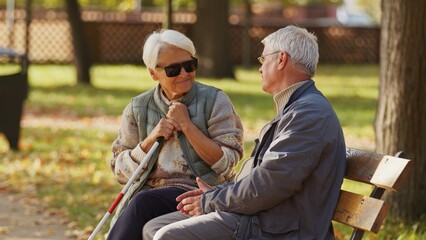Obraz na płótnie Canvas Blind senior woman with dark sunglasses on with her husband in the park. High quality photo
