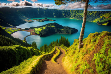 Fototapeta premium Ponta Delgada, Sao Miguel Island, Azores, Portugal, has a mountainous landscape with a hiking trail and a beautiful lake view. Generative AI