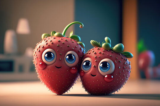Cute image of the strawberry characters full of love and happiness. Abstract picture of romantic dinner. Food Character concept Generative AI.
