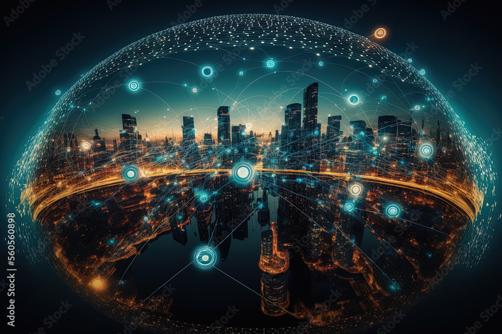 Poster concept of a network connection with a wifi symbol, smart cities and wireless networks, abstract vis