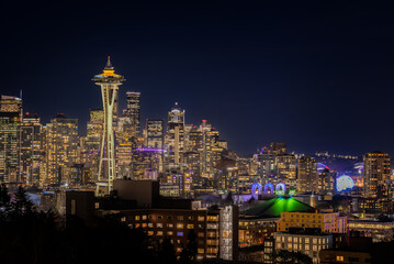 Seattle city skyline at night. View from Kerry Park