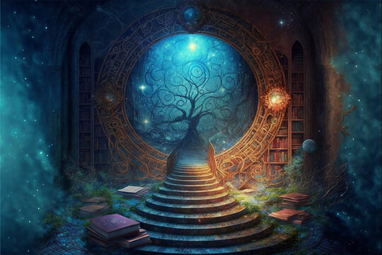 Library Book Reading Staircase to Learning and Wondering, Education, Children, Inspiration, generative ai