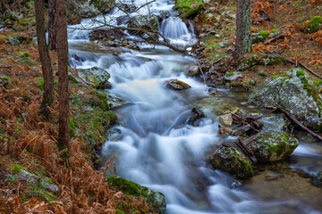 Naklejka na ściany i meble Wild mountain river. Mountain landscape. Autumn colors in the mountains of Madrid. Whitewater waterfalls in the high mountains.