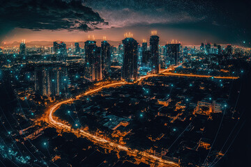 Concept of smart network and connection technology against a nighttime Bangkok cityscape in Thailand. Generative AI