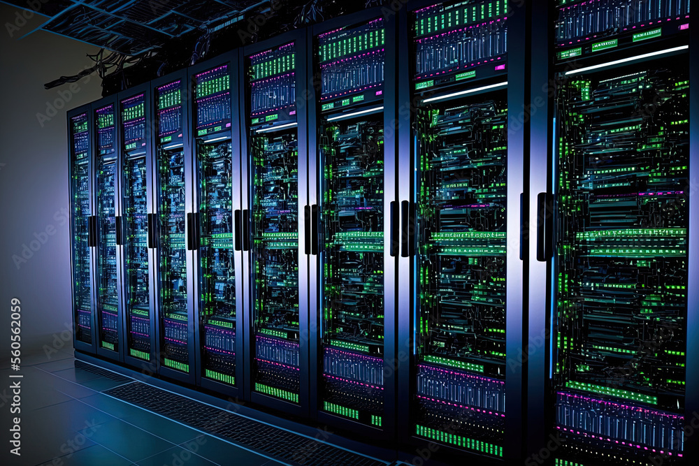 Poster the data center has a room with rows of server hardware. generative ai