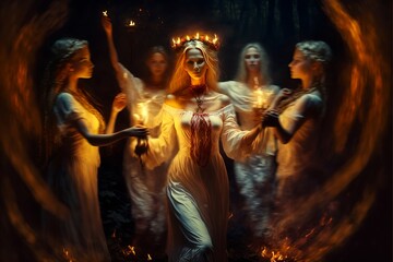 Slavic woman surrounded by girls on a summer night. Slavic rituals during a traditional pagan festival associated with the summer solstice of the sun. Generative AI. - obrazy, fototapety, plakaty