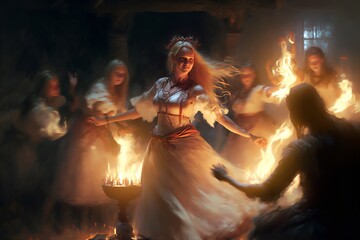  A beautiful slim and tall Slavic beauty dances around a campfire surrounded by the Slavic community on a warm summer night. The festival of Ivan Kupala, a traditional Slavic holiday. Generative AI
