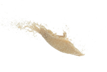Brown Sugar flying explosion, brown grain sugar explode abstract cloud fly. Beautiful complete seed sugarcane splash in air, food object design. Selective focus freeze shot white background isolated