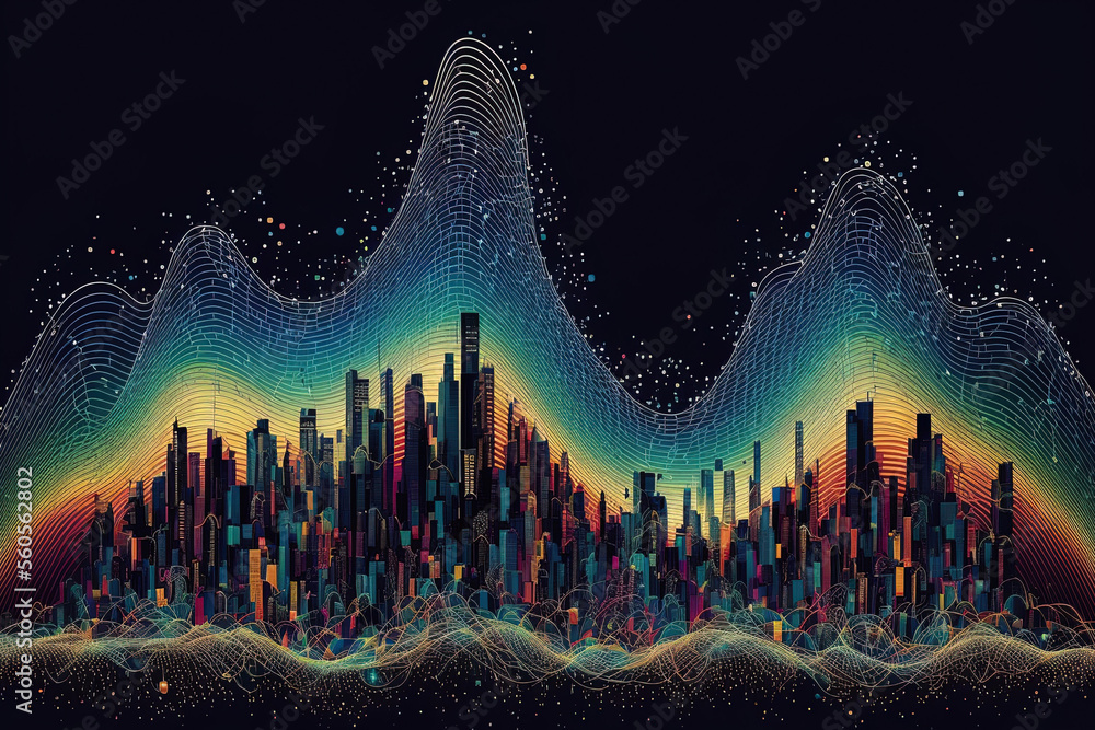 Poster smart cities, abstract dots, gradient lines, and aesthetic all work together. a complex wave line de